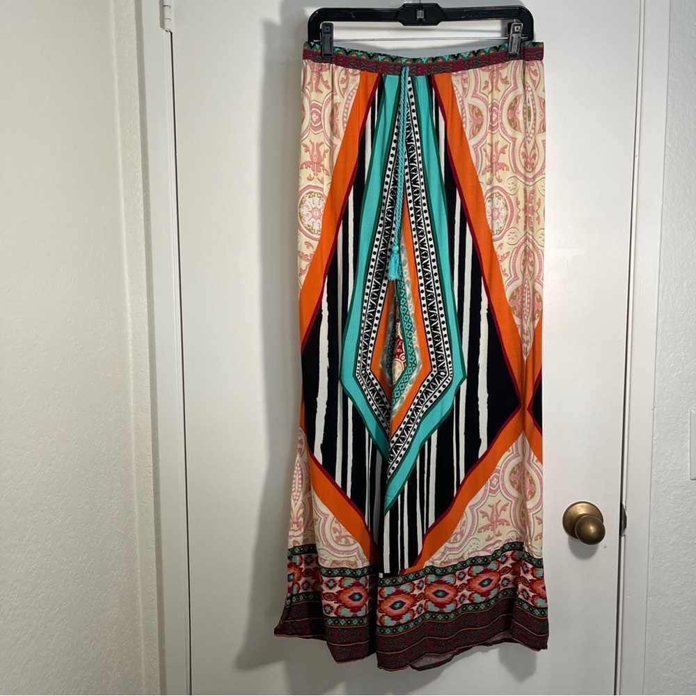 Papaya Orange Teal Wide Leg Pants Paisley Diamond Print Large Boho Hippie